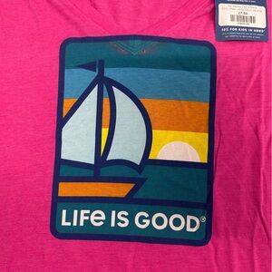 Life is Good Graphic Tee Sailboat Sunset Pink Short Sleeve V Neck T Shirt XXXL